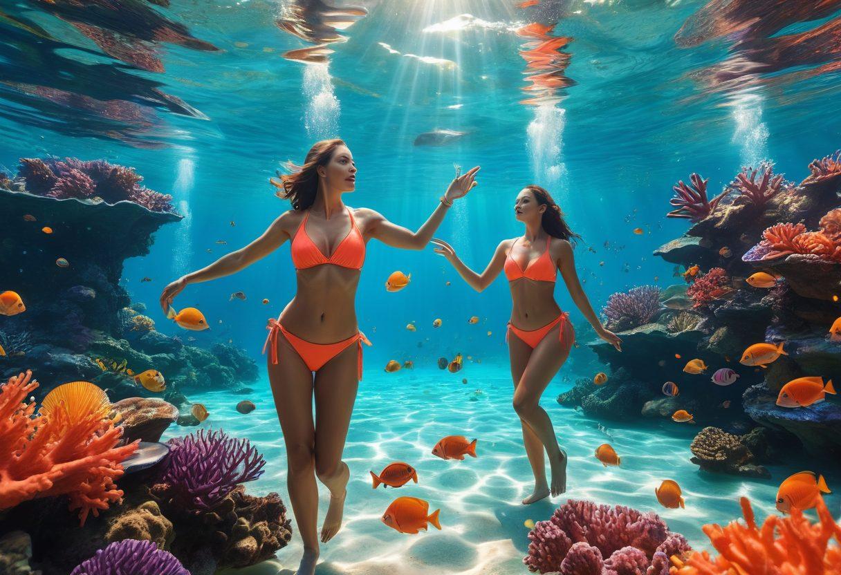 A vibrant underwater scene featuring a stylish, diverse group of women in premium bikinis, joyfully swimming among colorful coral reefs and exotic fish. Sunlight pierces through the water, creating a magical glow. Include a dynamic, splashy feeling to convey energy and fun. Capture the essence of fashion and adventure. super-realistic. vibrant colors. 3D.