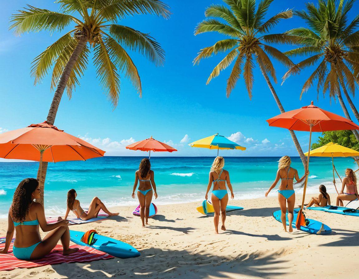 An inviting beach scene featuring a diverse group of women joyfully wearing stylish bikinis, splashing in crystal-clear turquoise water. Include vibrant beach umbrellas, tropical palm trees swaying in a gentle breeze, and playful surfboards in the background. Emphasize a sun-drenched atmosphere with bright, cheerful colors to evoke a feeling of summer fun and excitement. super-realistic. vibrant colors. tropical vibes.